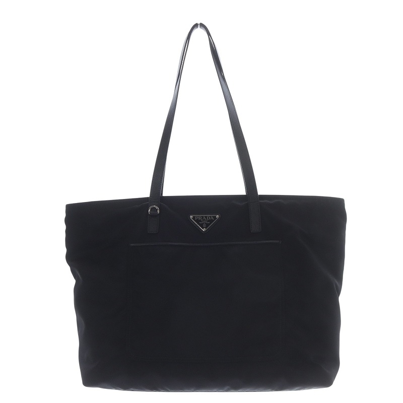 プラダ 1BG052 テスートナイロン サフィアーノレザー 三角プレート トートバッグ